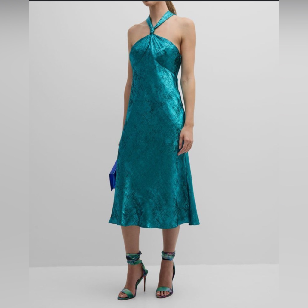 $330 Liv Foster Women's Blue Satin Foil Twisted Sleeveless Halter Dress Size 0